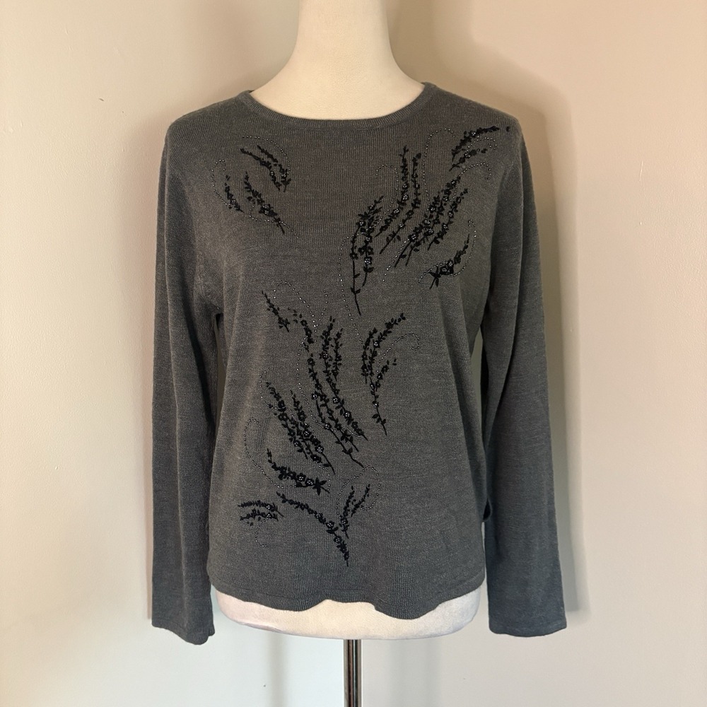 VTG Gina Peters Beaded Floral Sweater Grey Medium 90s Coquette Goth Whimsigoth